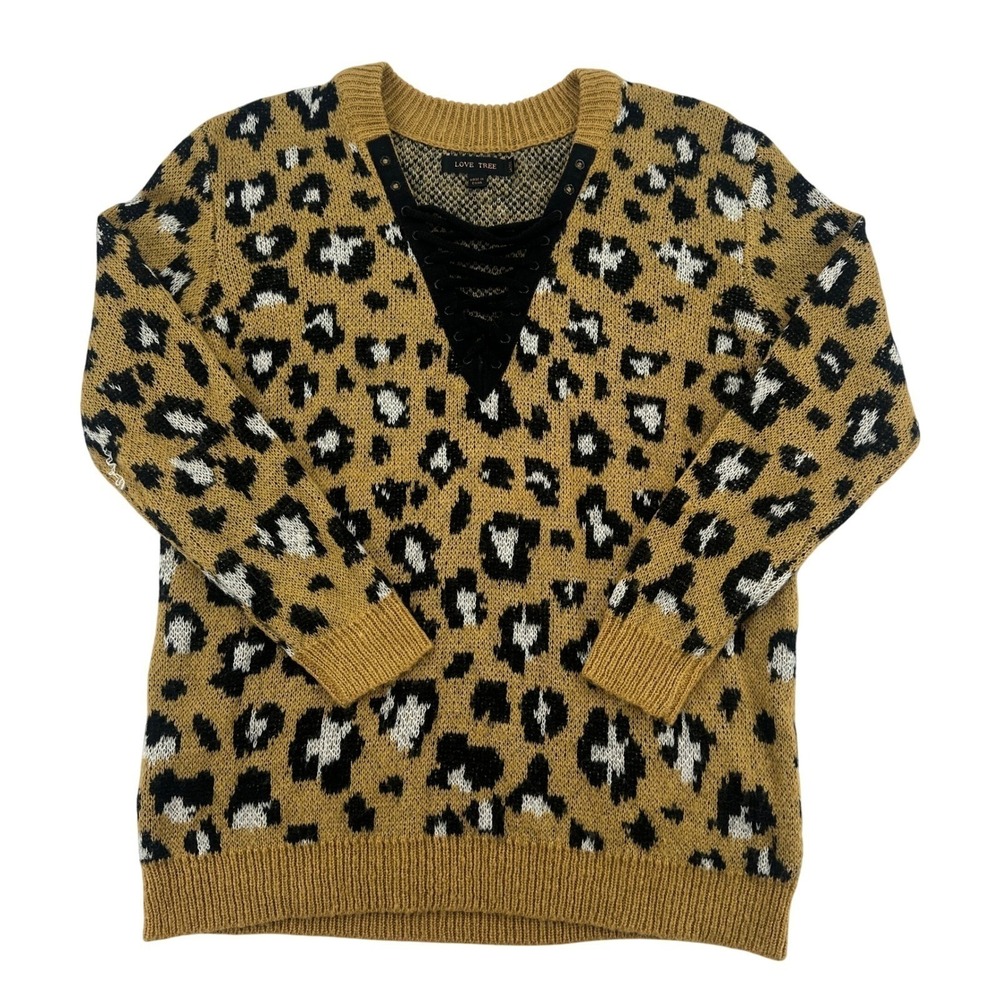Love Tree Leopard Print Lace Up V Neck Knit Sweater Mustard Black Y2K Women Sz L